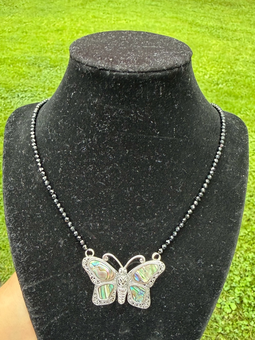 925 Sterling Silver Abalone Butterfly Pendant Necklace with Black Bead Chain